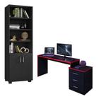 Mesa para Computador Gamer DRX 5000 e Livreiro Office com Portas Pequenas Preto Trama Vermelho - Móveis Leão
