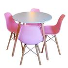 Mesa redonda branca com 4 cadeiras eiffel rosa