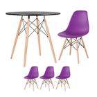 Mesa Redonda Eames 80 Cm Preto + 3 Cadeiras Eiffel Dsw Roxo