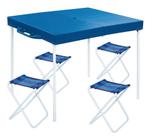 Mesa Retangular Prática Dobrável Com 4 Banquetas Camping Varanda Gourmet Azul Mor