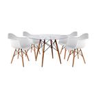 Mesa Sala de Jantar Eiffel Eames Redonda Vidro 90cm com 4 Poltronas Brancas Base Madeira Maciça