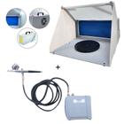 Mini cabine para aerografia wws prato giratorio bivolt com led + mini compressor ar hs08ac-ska 12v 110/220v bivolt