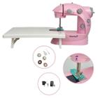Mini Máquina de Costura Rosa Portátil com Mesa Funciona com Pilhas ou Tomada