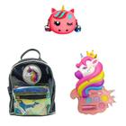 Mini Mochila Preta, Bolsa e Maquiagem Unicórnio Infantil