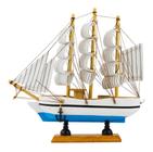 Miniatura Barco Decoração Madeira Pequeno Branco e Azul - 20cm