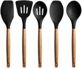 Miusco Non-Stick Silicone Kitchen Utensils Set com alça natural de acácia dura madeira, 5 peças, preto, bpa livre, assando e servindo utensílios de cozimento de silicone