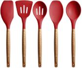 Miusco Non-Stick Silicone Kitchen Utensils Set com alça natural de acácia dura madeira, 5 peças, vermelho, bpa livre, assando e servindo utensílios de cozimento de silicone