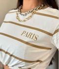 MM Boutique Blusa Feminina Listrada gola ribana paris 100% Algodão