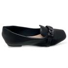 Mocassim Feminino Preto Bico Quadrado Detalhe em Corrente