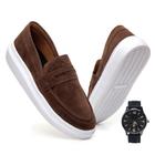 Mocassim Masculino Sola Alta Loafer Couro Camurça Conforto Qualidade + Relógio Ponteiro