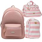 Mochila Bolsa Feminina + Kit Maternidade Menina Listrada Rosa 