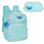 Mochila de Costas Juvenil Escolar Verde Lilo Stitch e Estojo