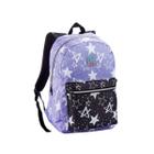 Mochila Escolar Denlex com Bolso Frontal Grande Lilás Preto Estrelado Resistente Reforçada Sala Aula