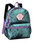 Mochila Escolar Feminina Concha Sereia Paetê Muda Cor Clio G Verde e Roxo