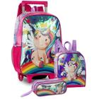 Mochila Escolar Infantil de Rodinhas Unicórnio Holográfica Kit com Lancheira Térmica Estojo Duplo Original Clio Style Material