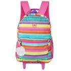 Mochila Escolar Rodinhas Feminina Colorida Chaveiro Pompom