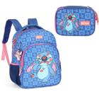 Mochila Escolar Stitch Disney Azul Chaveiro + Estojo Box