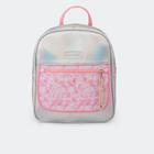 Mochila Infantil Pampili Pequena com Glitter Holográfica Prata e Rosa Chiclete 6001069