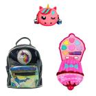 Mochila Preta Unicórnio, Bolsa e Maquiagem Cupcake Infantil