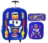 Mochila Rodinhas Carros Infantil + Lancheira + Estojo Kit Azul