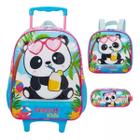 Mochila Rodinhas Panda Rosa Lancheira Estojo Infantil Escolar Xeryus