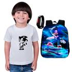 Mochila Sonic Escolar Infantil + Camiseta Estampada + Relógio