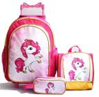 Mochila Unicornio Crina Rodinhas Brilho Lancheira Estojo Kit Rosa