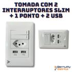 Modulo Interruptor Duas Teclas 2 Slim + 1 Ponto de Tomada + 2 USB 10 Amperes Com Suporte e Espelho