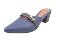 Mule Scarpin Azul Aço Salto Alto Grosso Lacinho Sapato Bico Fino Casual Festa