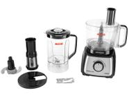Multiprocessador de Alimentos Mondial na cor preta com diversos acessórios, incluindo jarra processadora, copo de liquidificador e discos de corte