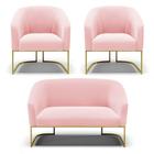 Namoradeira E 2 Poltronas Base Industrial Dourado Stella Suede Rosa Bebê D03 - D'rossi