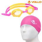 Óculos de natação infantil shark fin rosa e amarelo + touca de natação de silicone rosa - vollo