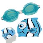 Oculos de Natacao Infantil Verde + Touca de Natacao Peixinho Azul Mor