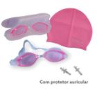 Óculos De Natação Rosa + Touca Silicone Hidro Jovem Adulto + Protetor Auriculares
