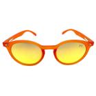 Óculos de Sol com armação em laranja e lentes espelhadas.