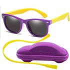 Óculos de Sol Flexível Infantil + Case Carrinho + Cordão Silicone Roxo e Amarelo