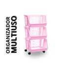 Organizador Rosa Multiuso Triplo Empilhável c/ Rodinhas