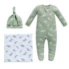 Owlivia orgânico leve-me para casa conjunto de roupas, recém-nascido bebê menino menina pé pijama chapéu e musselina cobertor gift set, 3 pcs (pena verde, recém-nascido)