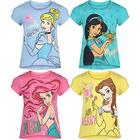 Pacote com 4 camisetas de manga curta Disney Princess Cinderella Belle para meninas