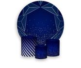 Painel De Festa 1,5x1,5 + Trio Capa Cilindro - Azul Geométrico Prateado Efeito Glitter 021