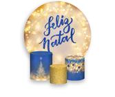 Painel De Festa 1,5x1,5 + Trio Capa Cilindro - Feliz Natal Azul Com Dourado 031