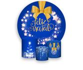 Painel De Festa 1,5x1,5 + Trio Capa Cilindro - Feliz Natal Azul Efeito Glitter Dourado 029