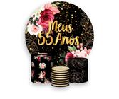 Painel De Festa 1,5x1,5 + Trio Capa Cilindro - Fundo Preto Flores Efeito Brilhos Meus 55 Anos Dourado 083