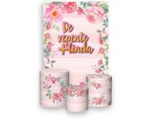 Painel De Festa 3d Vertical + Trio De Capa Cilindro - De Repente Mais Linda Dourado Floral Rosa 020