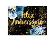 Painel de Festa Horizontal 1,55 X 1,20 - Feliz Aniversário Floral Azul Efeito Brilhos Dourado 081