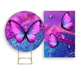 Painel De Festa Redondo 1,50x1,50 + Painel Vertical 1,50x2,20 - Borboleta Efeito Glitter Azul e Rosa 004