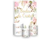 Painel De Festa Vertical 1,50 x 2,20 + Trio De Capas Cilindro - Flores Bodas de Cristal Elegante 034