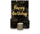 Painel De Festa Vertical 1,50 x 2,20 + Trio De Capas Cilindro - Happy Birthday Fundo Preto Efeito Brilhos Dourado 005