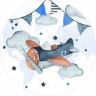 Painel de Lona Redondo Aviãozinho Azul Céu Nuvens Bandeirinhas Aquarela