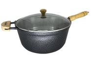 Panela Caçarola Aluminio Preto Cabo e Pomel de Madeira 26 cm Tampa De Vidro